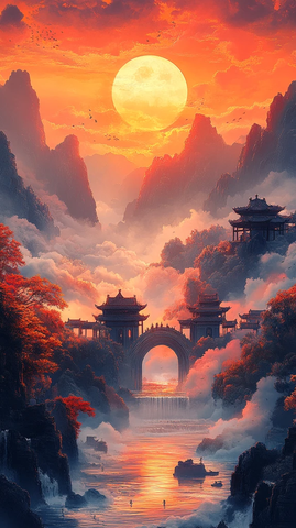 中秋山景古桥月兔