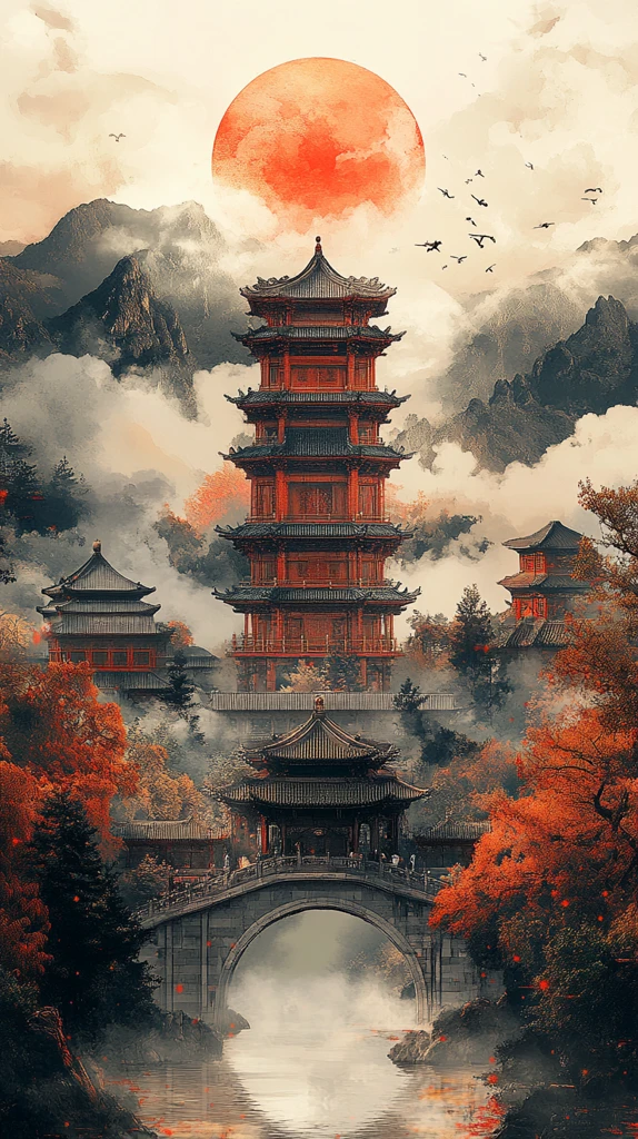 中秋山景古桥月兔
