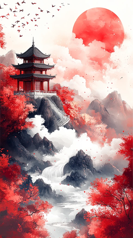 祥云红亭山水画