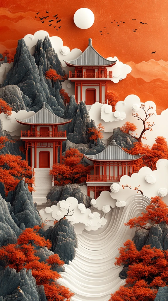 祥云红亭山水画