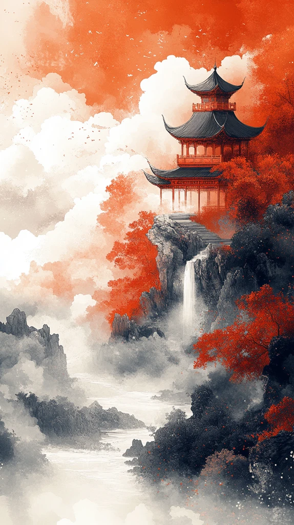 祥云红亭山水画