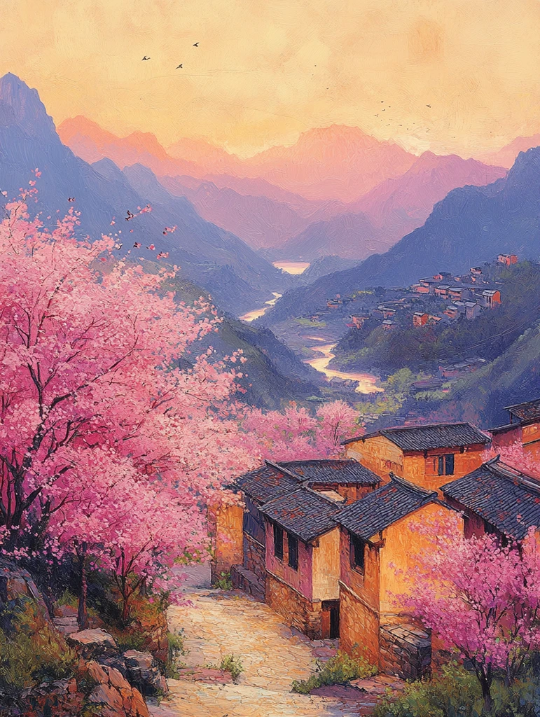 山水村落花鸟图