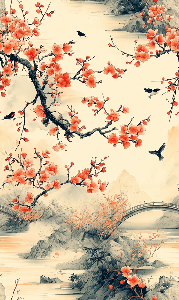 小桥流水花鸟图