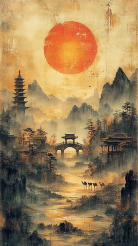 桥流水夕阳沙漠