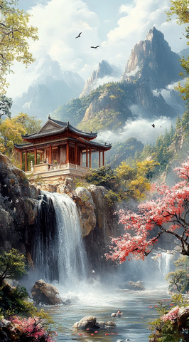 山水亭台花鸟图