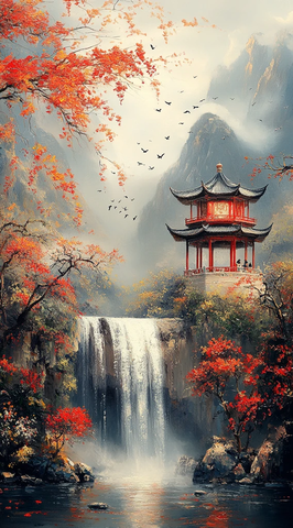 山水亭台花鸟图