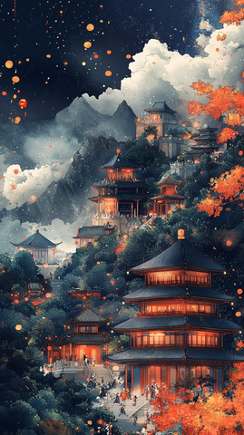 古建山川夜色图