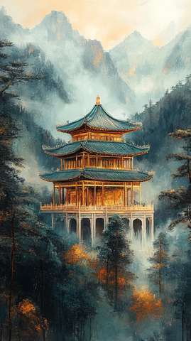 青绿山水古建图