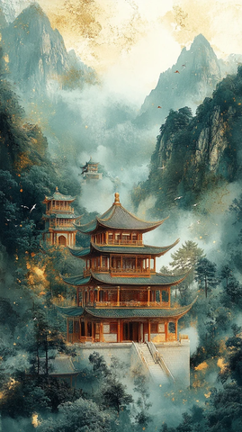 青绿山水古建图