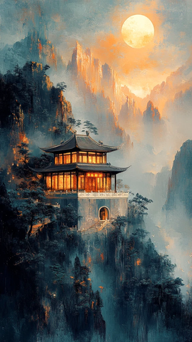 青绿山水古建图