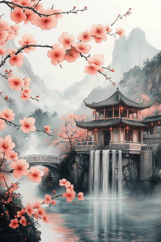 桃花流水桥亭飞瀑