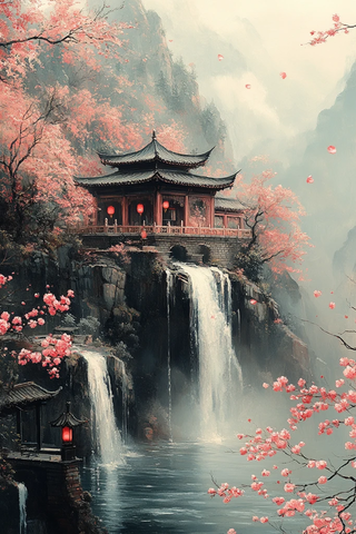 桃花流水桥亭飞瀑