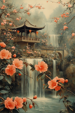 桃花流水桥亭飞瀑