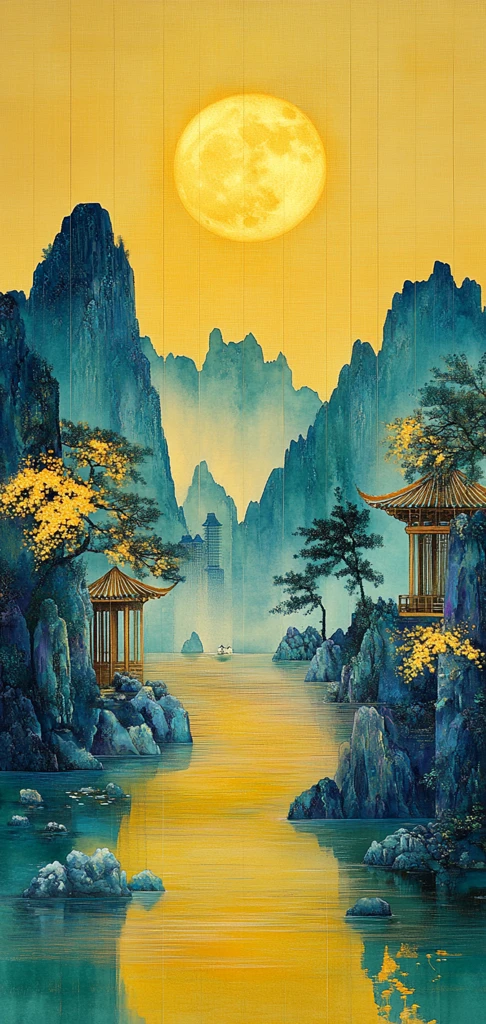 黄色灯光山水画