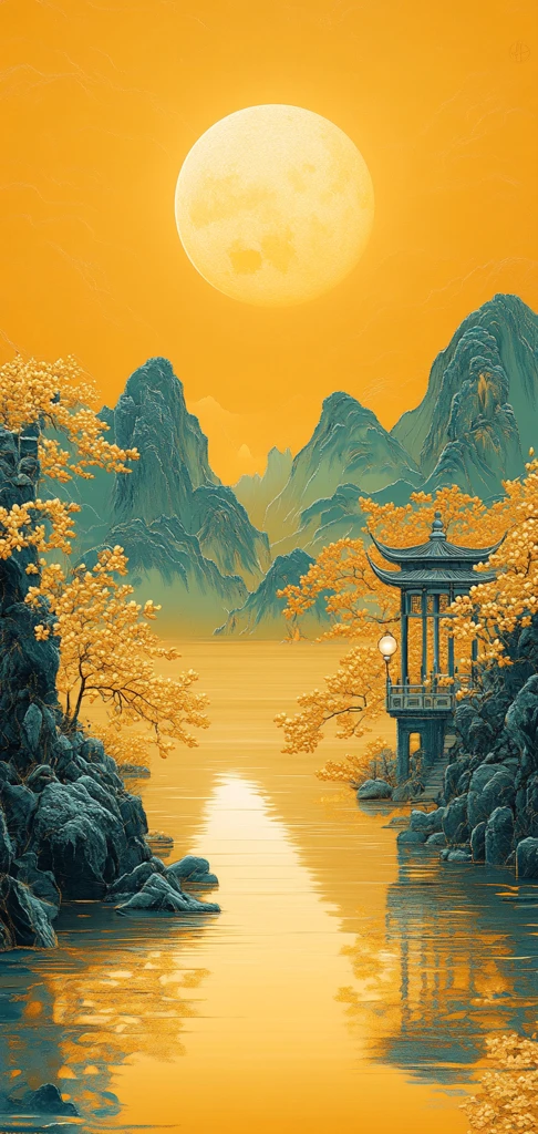 黄色灯光山水画