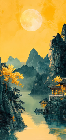 黄色灯光山水画