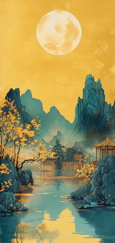 黄色灯光山水画