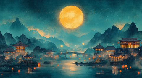 金色月夜山水图