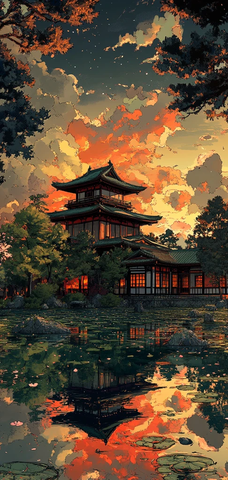 禅园古堡夕照图