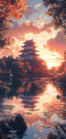 禅园古堡夕照图