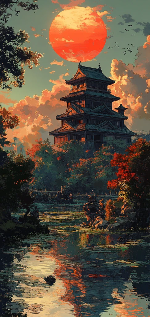 禅园古堡夕照图