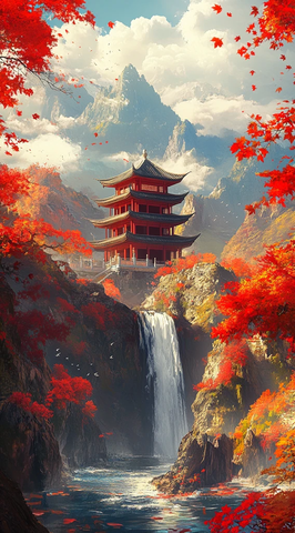 红枫山景亭台云