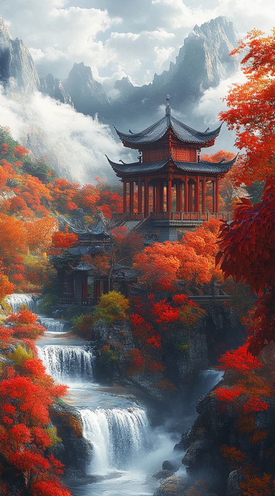 红枫山景亭台云