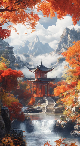 红枫山景亭台云