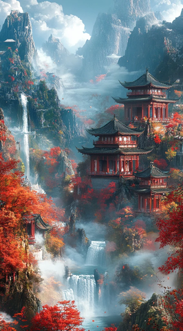 红枫山景亭台云