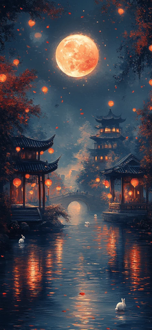 金色月亮与河边景象