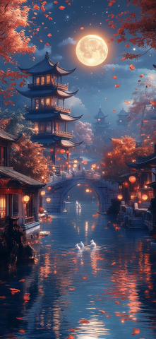 金色月亮与河边景象