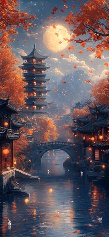 金色月亮与河边景象