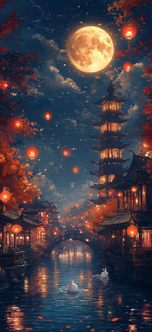 金色月亮与河边景象