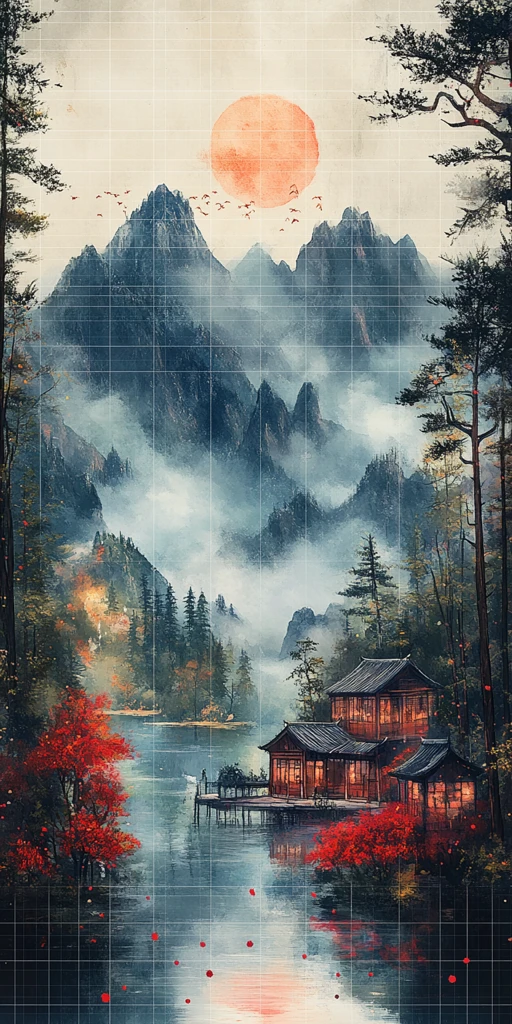 山水烟云湖畔屋