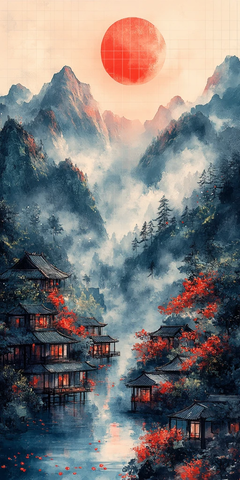 山水烟云湖畔屋