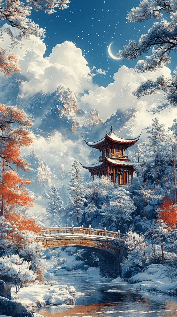 雪景月下古亭桥