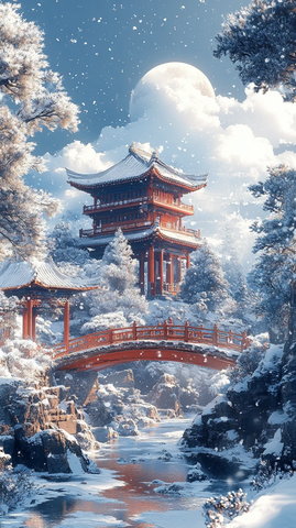 雪景月下古亭桥