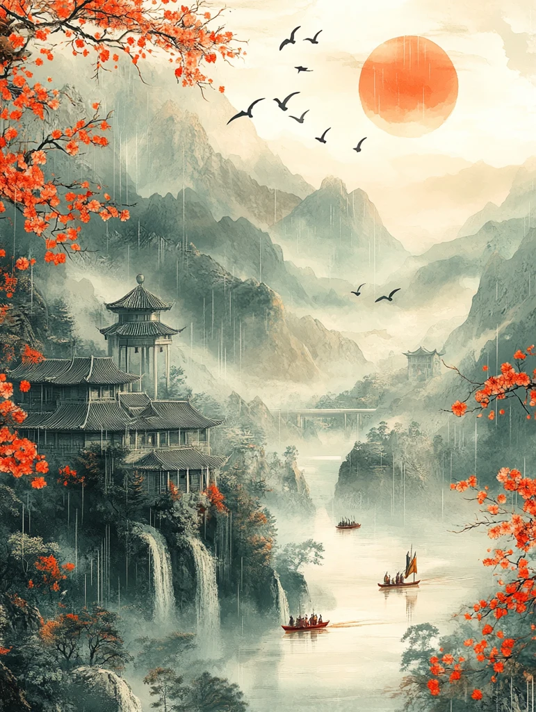 龙舟竞渡山水图