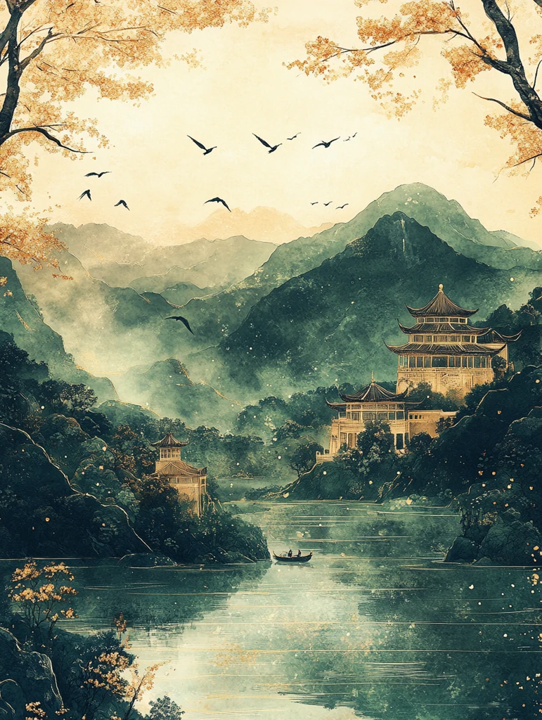 龙舟竞渡山水图