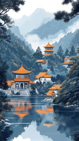 古建筑山水背景