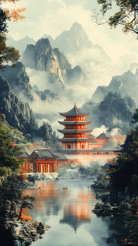 古建筑山水背景