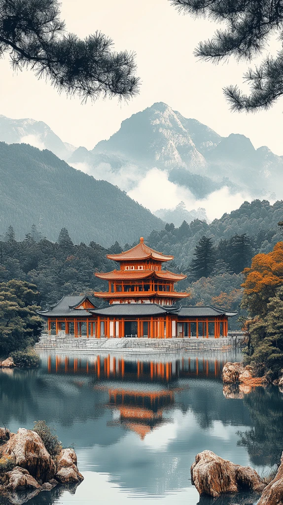 古建筑山水背景