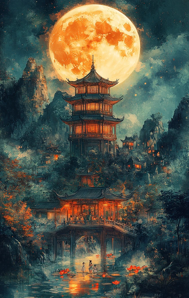 中秋月夜儿童嬉戏