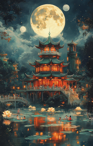 中秋月夜儿童嬉戏