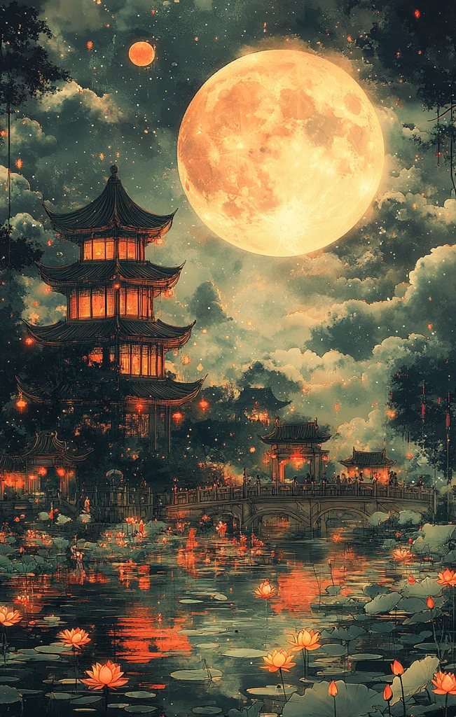 中秋月夜儿童嬉戏