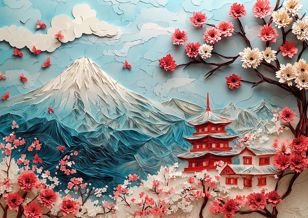 樱花富士纸雕壁纸