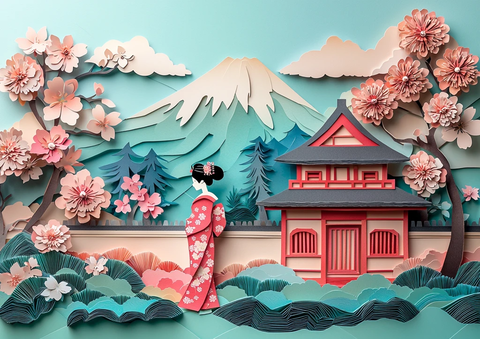 樱花富士纸雕壁纸