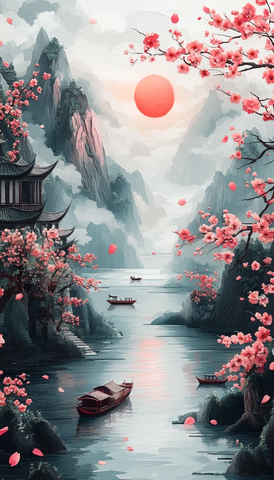 山水樱莲纸艺图