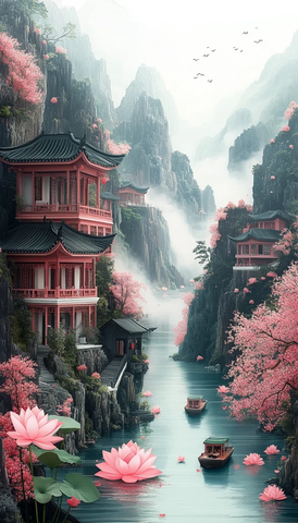 山水樱莲纸艺图