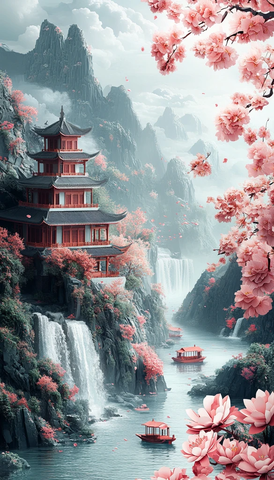 山水樱莲纸艺图